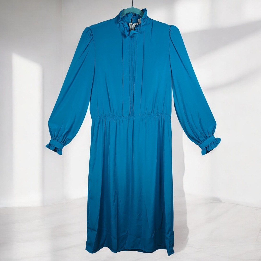 VTG Michael Benjamin Dress Teal Blue Long Sleeve Ruffled Collar Midi Woman 12